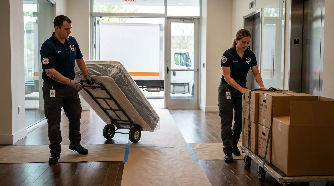Professional apartment movers loading elevator in Lewisburg, TN