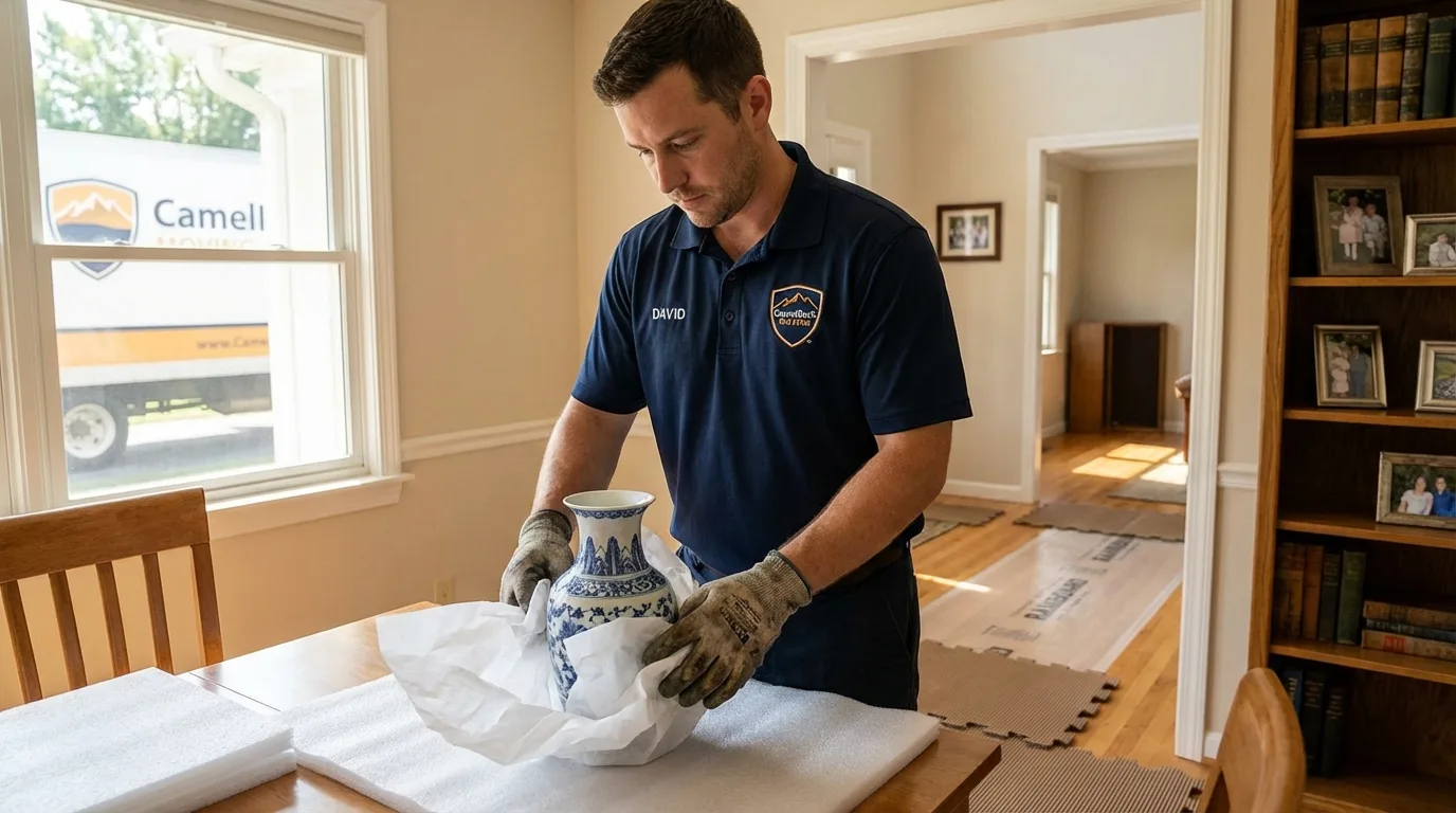Professional crew carefully wrapping antique vase for senior downsizing move in Lewisburg, TN